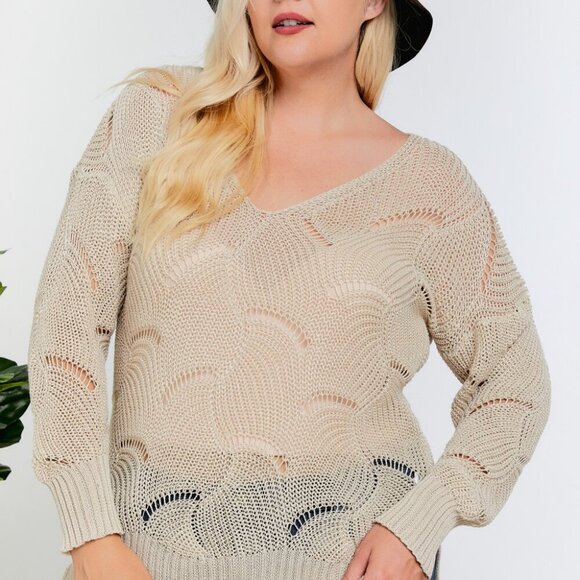 DAVI & DANI Plus Size Beige Open Knit V-Neck Sweater, Lightweight Boho Pullover - Picture 6 of 7
